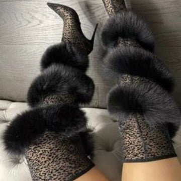 Leopard/Black Croc Print Spiral Faux Fur Wool Trim Pointed Toe Stiletto Heel Women's Knee-High Boots