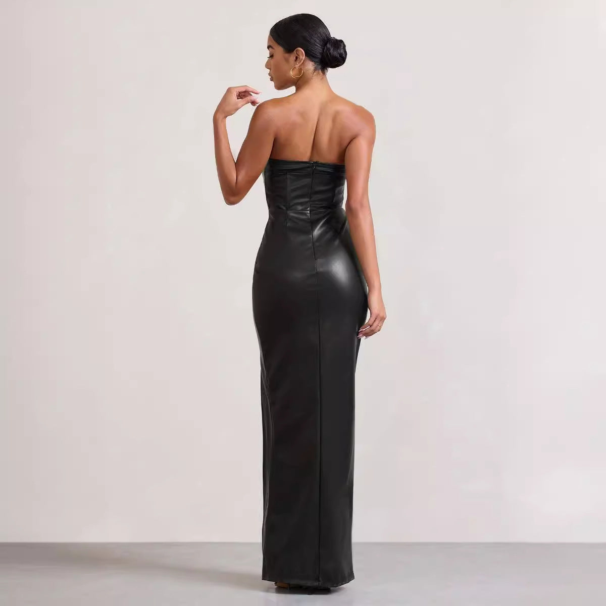 PU Leather Sleeveless Solid Color High Slit Maxi Tube Top Dress