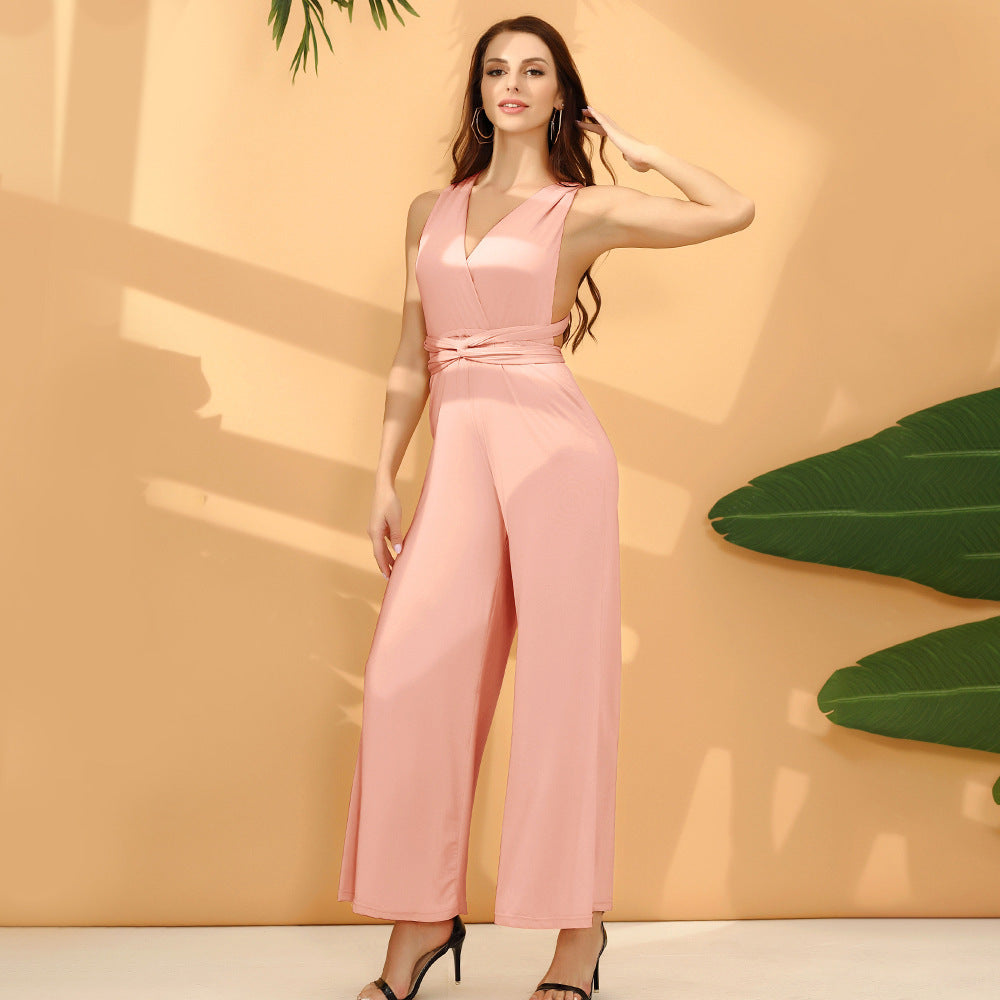 Criss-Cross Bandage Wide Leg V-Neck Sleeveless Women's Solid Color Wide Leg Jumpsuit
