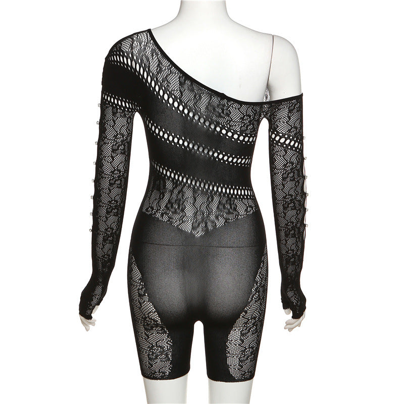 Mesh Transparent Hollow-Out Asymmetrical One Shoulder High Waist Long Sleeve Women's Stretch Shorts Romper