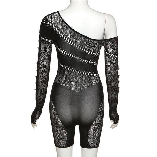 Mesh Transparent Hollow-Out Asymmetrical One Shoulder High Waist Long Sleeve Women's Stretch Shorts Romper