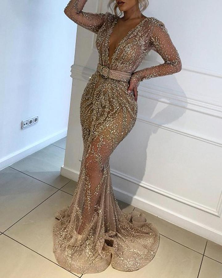 Gold Sparkling Glitter Sequined Deep Plunge V-Neck Long Sleeve Floor-Length Formal Big Swing Maxi Party/Prom Dress