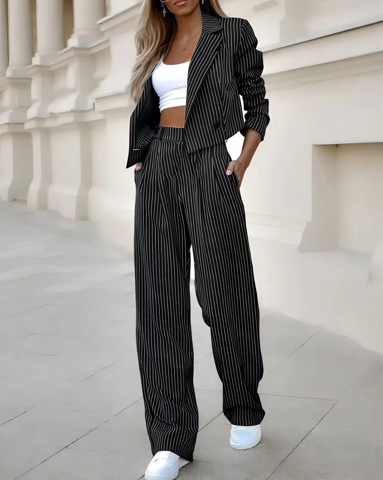 Pinstriped Long Sleeve Cropped Women's Blazer Jacket + Straight Pants Suit