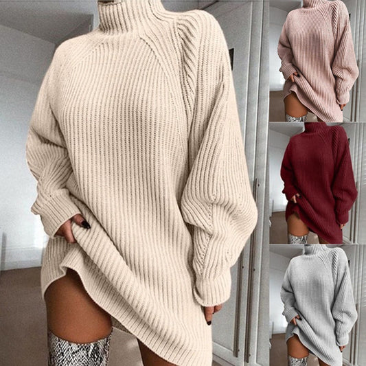Solid Turtleneck Long Sleeve Mini Sweater Dress
