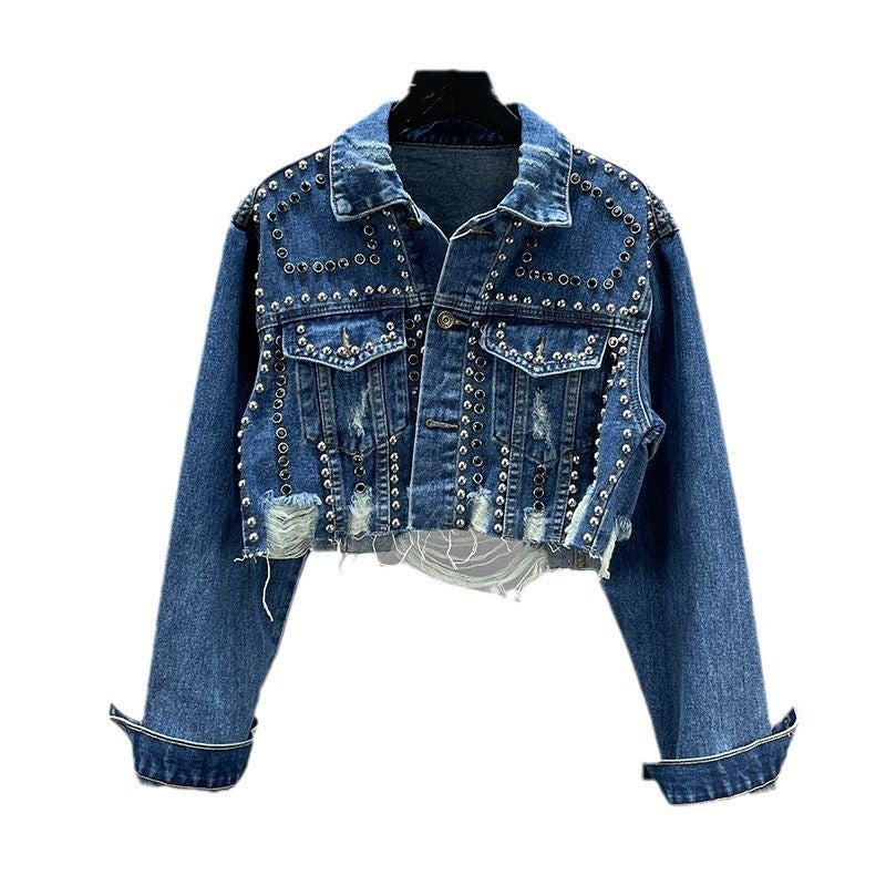 Denim Pearl Beaded Tassel Fringe Women's Turn-Down Collar Washed Cowgirl Double Pocket Jean Jacket