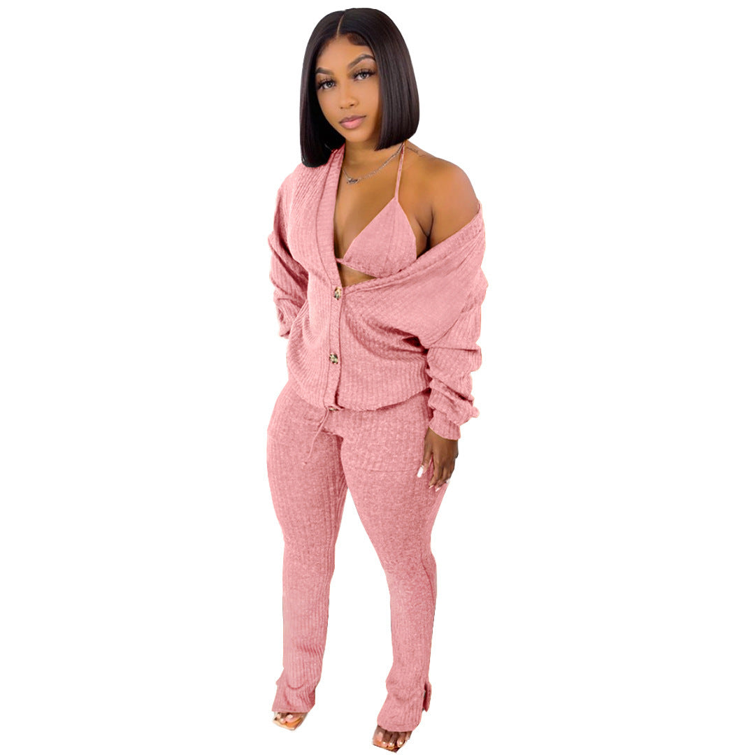Ribbed Button-Up Women's Cardigan Pocketed Sweater + Matching Bra + Leggings 3-Piece Set
