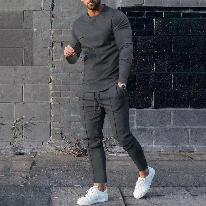 Men's Solid Color 3D Digital Print Long Sleeve O-Neck T-Shirt + Drawstring Pocketed Sweatpants 2-Piece Set