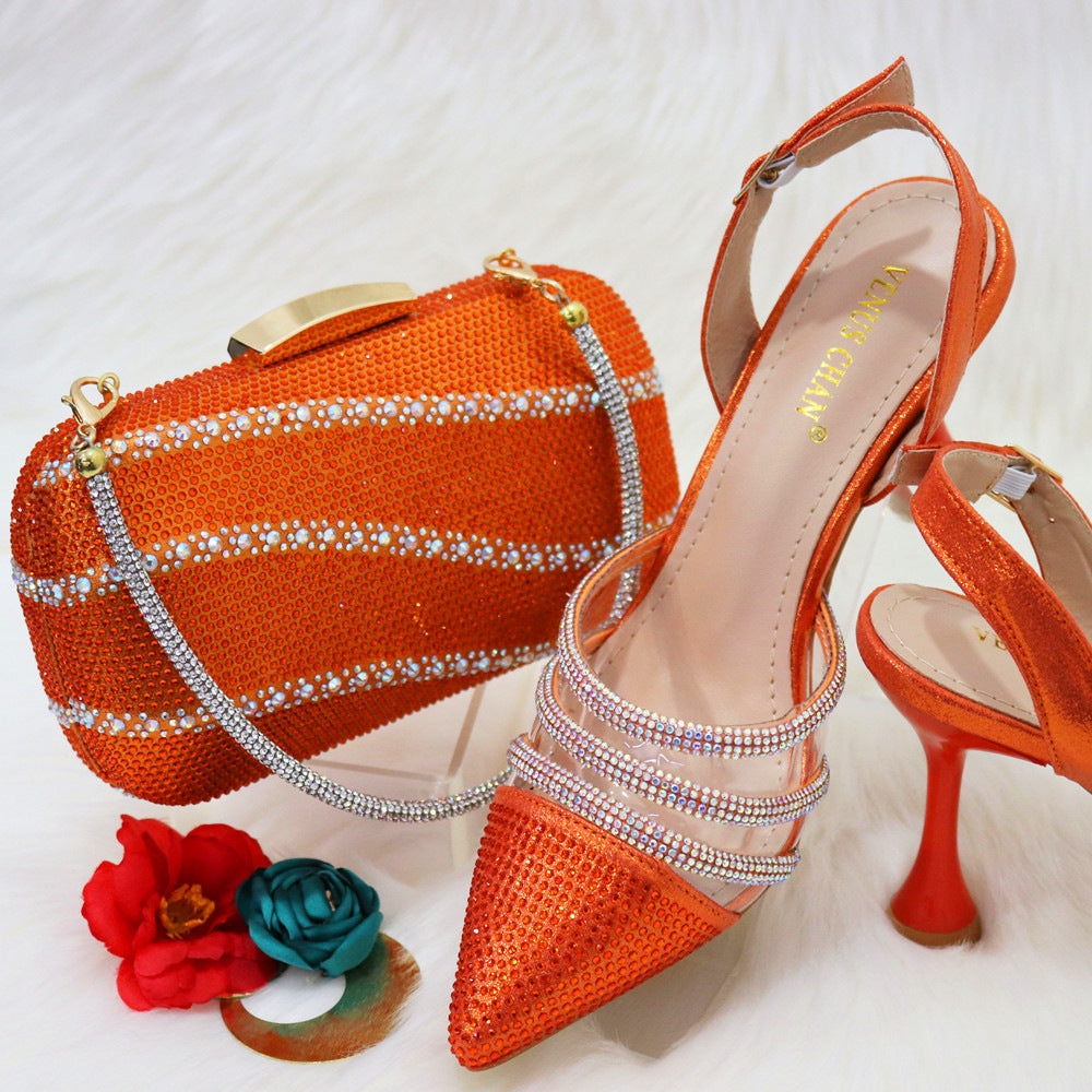 Sparkling Glitter Sequin Women's Slingback Pumps + Square Purse Set