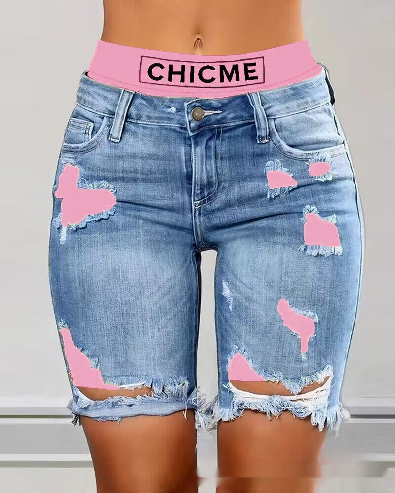 2-in-1 Colorblock Patchwork Ripped Women's Shorts