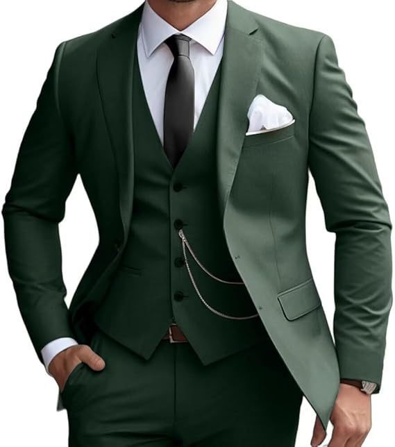Men's Pocketed Solid Color Single Breasted Blazer w/ Button-Up Vest & Pants 3-Piece Formal Suit