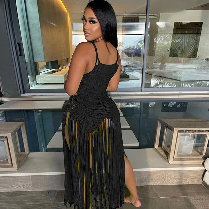 Tassel Fringe Detail Sleeveless Spaghetti Strap Skinny  Transparent Maxi Dress