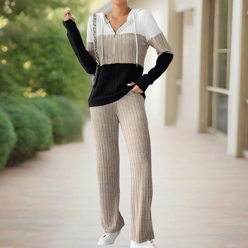 Knitted Ribbed Drawstring Striped Colorblock Long Sleeve Zipper Hoodie Sweatshirt + Wide Leg Sweatpants Women's Tracksuit
