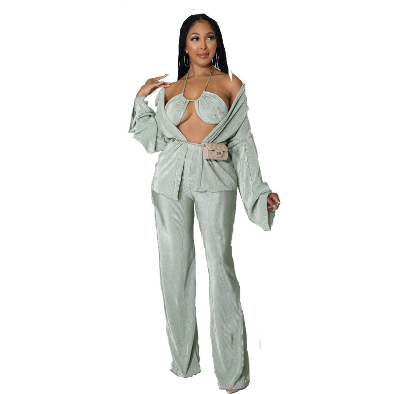 Solid Color Long Sleeve Women's Blouse + Matching Bra + Loose Pants 3-Piece Set to 5X Plus Size