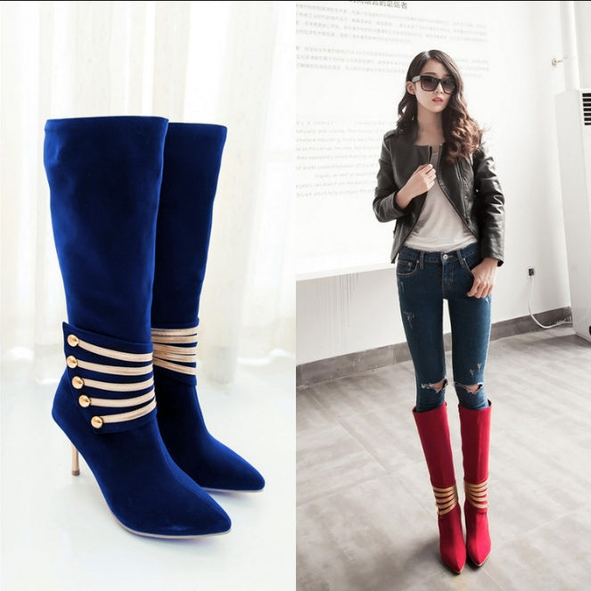 Stud Gold Strap Design Pointed Toe Side Zipper Women's Knee-High Boots