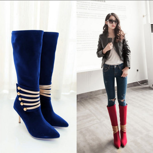 Stud Gold Strap Design Pointed Toe Side Zipper Women's Knee-High Boots