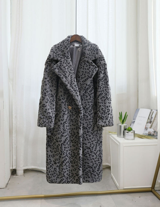 Oversized Leopard Print Plush Faux Sheared Fur Women's Turn-Down Collar Trenchcoat