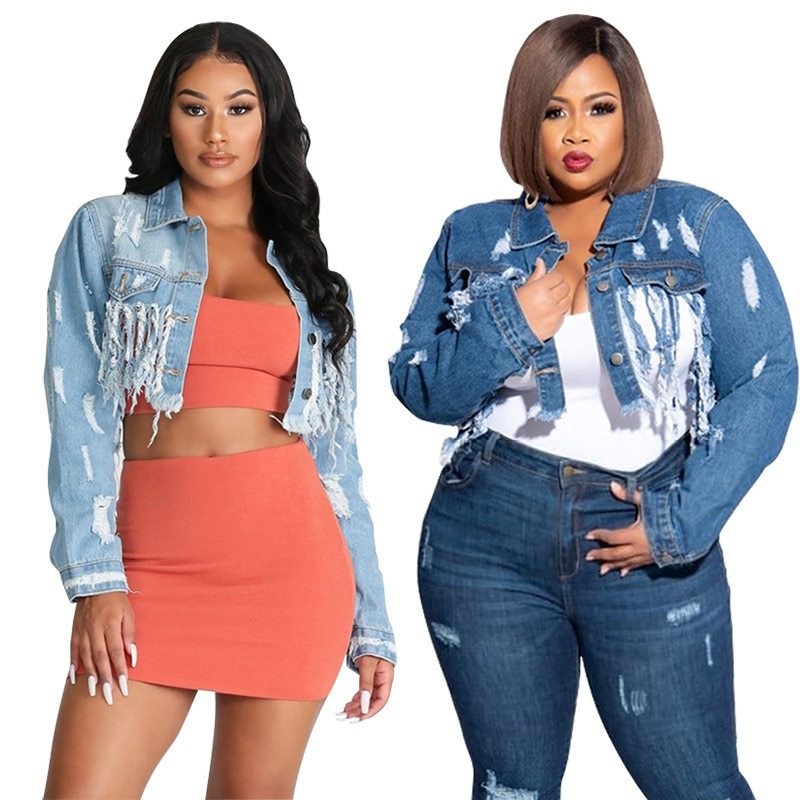 Ripped Washed Tassel Fringe Western Cropped Women's Jean Jacket to 5X Plus Size