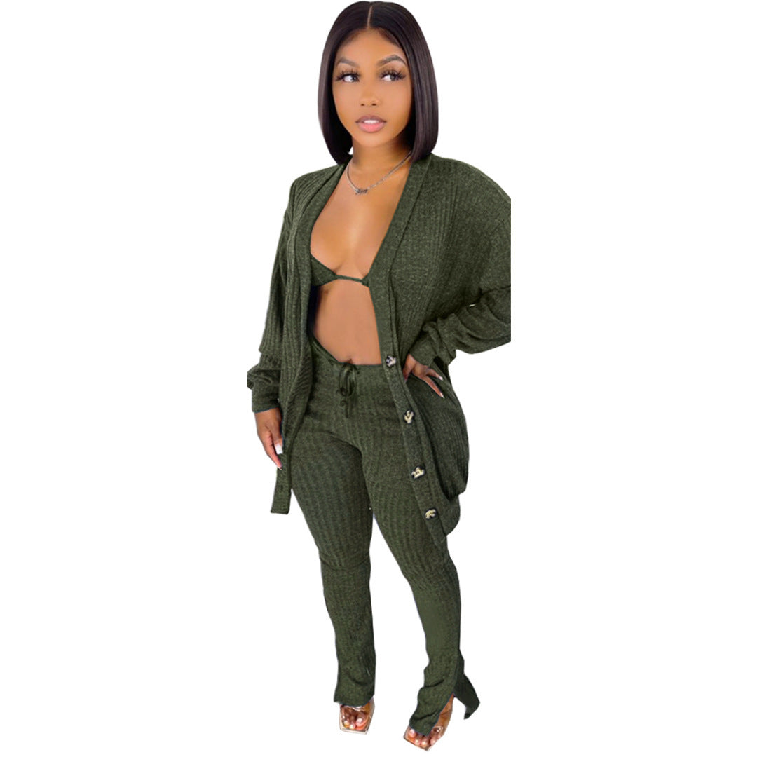 Ribbed Button-Up Women's Cardigan Pocketed Sweater + Matching Bra + Leggings 3-Piece Set