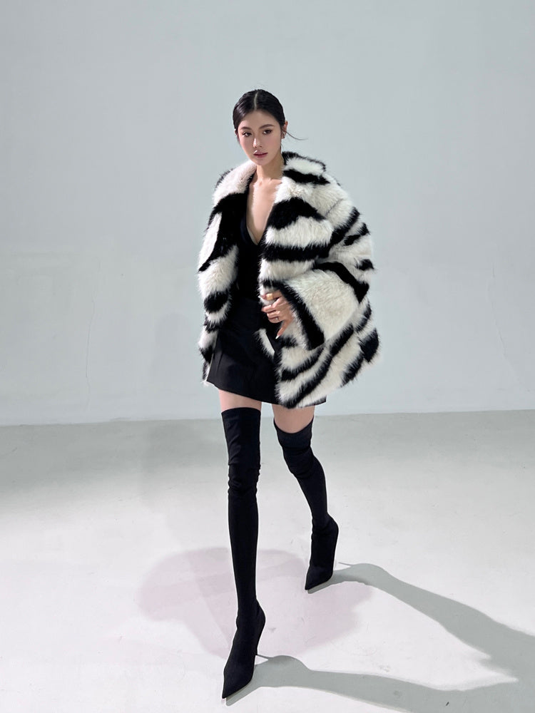 Faux Fur Black/White Zebra Print Turn-Down Collar Women's Jacket