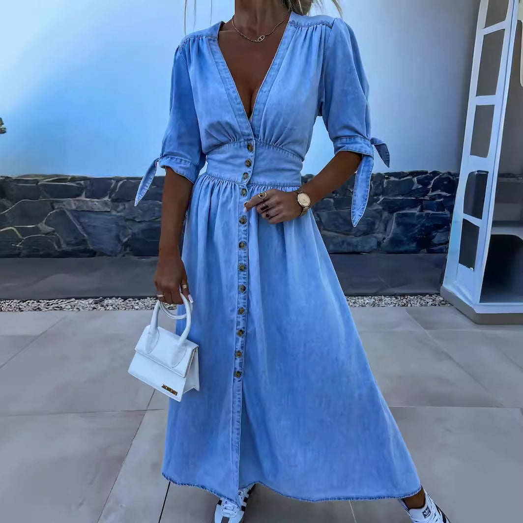 Denim Bohemian Ruched Deep V-Neck Long Sleeve High Slit Maxi Jean Dress