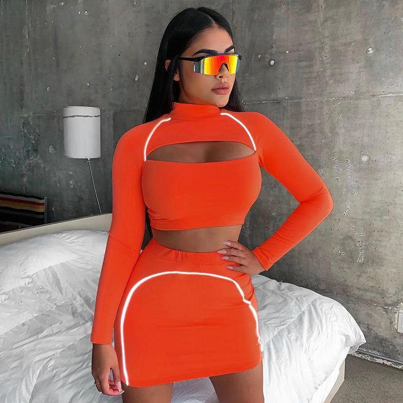 Reflective Lime Green/Orange Turtleneck Side Striped Long Sleeve Women's Hollow-Out Shirt + Mini Skirt 2-Piece Set