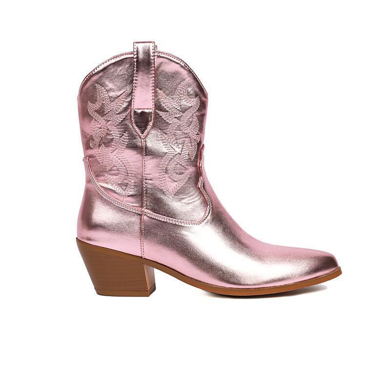 Metallic Patent Leather Embroidered Pointed Toe Chunky Heel Ankle Western Cowgirl Boots