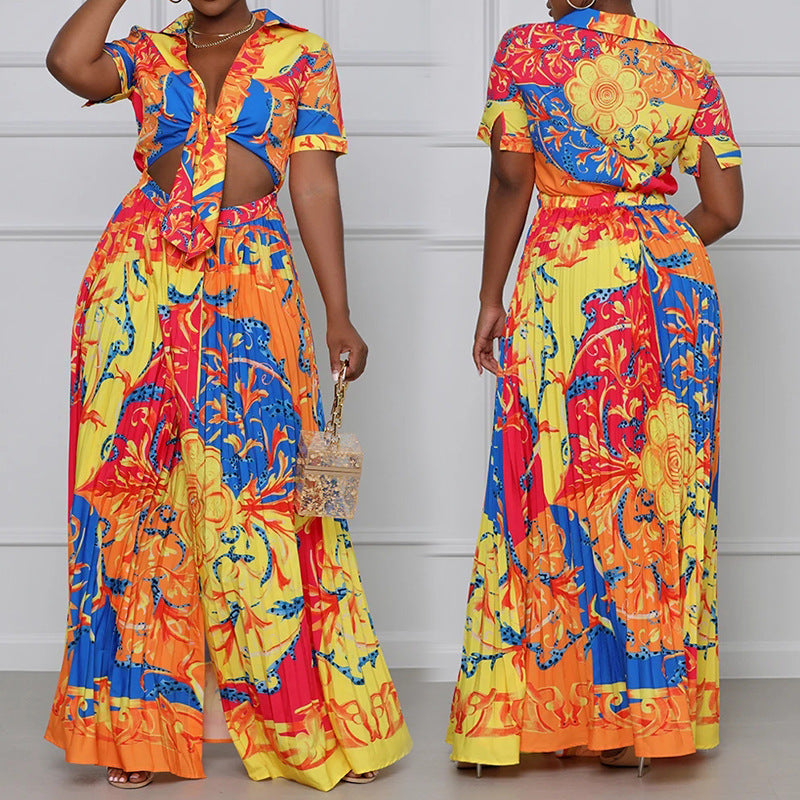 Tropical Rainbow Flower Print Women's Short Sleeve Crop Top + Pleated Wide Leg Pants 2-Piece Set