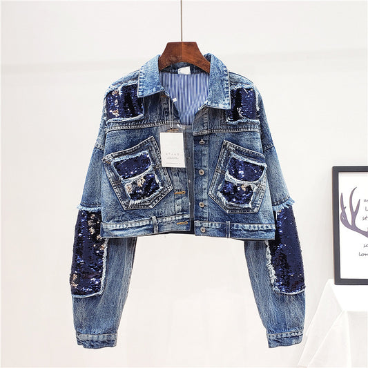 Denim Sequin Double Pocket Long Sleeve Women's Jean Jacket