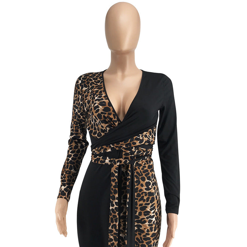 Leopard Colorblock Print V-Neck Bodycon Belted Long Sleeve Dress