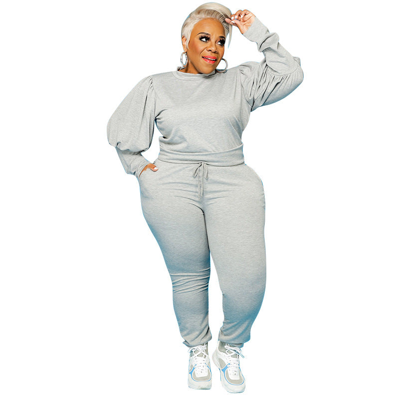 Puffed Batwing Sleeve O-Neck Solid Color Shirt + Sweatpants Two-Piece Women's Set to 5X Plus Size