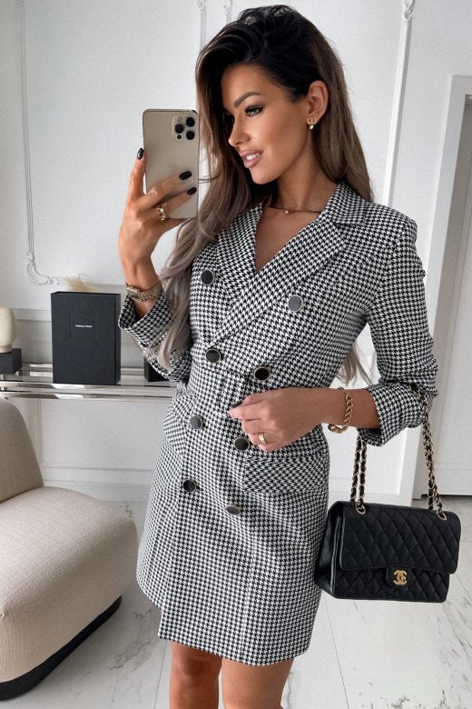 Houndstooth Plaid Print Button Detail Pocketed Double Breasted Long Sleeve Office Blazer Dress w/ Belt