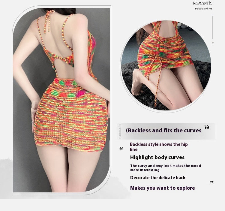 Crochet Knitted Geometric Rainbow Color Backless Hollow-Out Mini Sweater Dress
