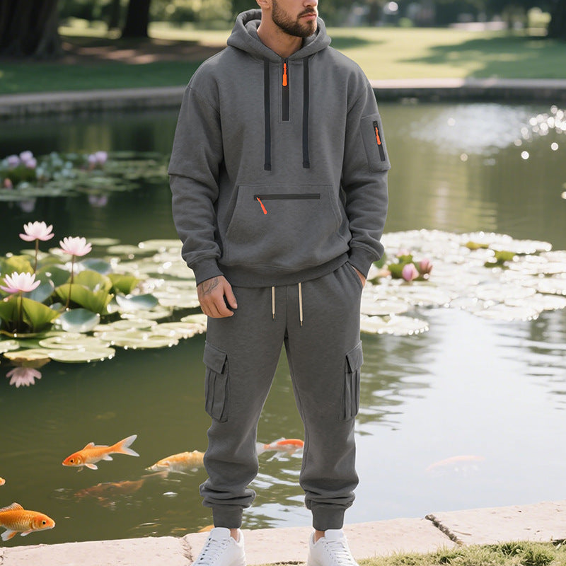 Men's Fleece Lined Zipper Pocket Drawstring Hoodie Sweatshirt + Multi-Pocket Cargo Sweatpants 2-Piece Tracksuit