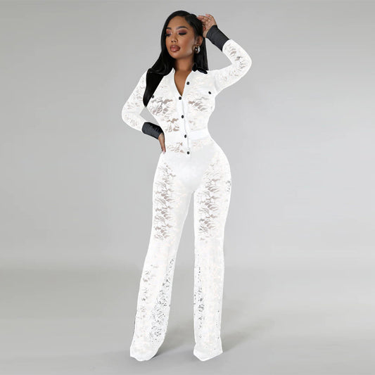 Sheer Lace Transparent Long Sleeve Button-Up Jumpsuit