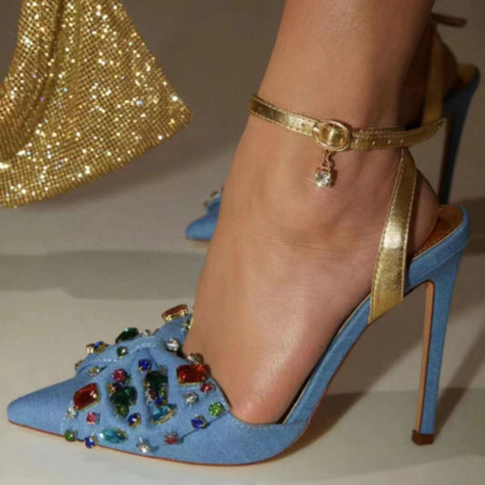 Denim Bow Rainbow Rhinestone Decor Women's Pointed Toe Closed Toe High Heel Slingback Mule Pumps