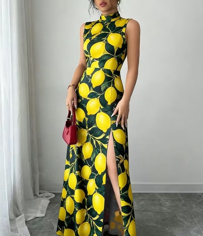 Lemon Print Stand Collar Sleeveless Skinny High Slit Maxi Dress