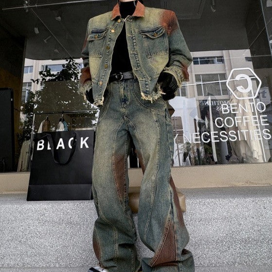 Men's Faded Denim Colorblock Jean Jacket + Wide Leg Loose Jeans Set