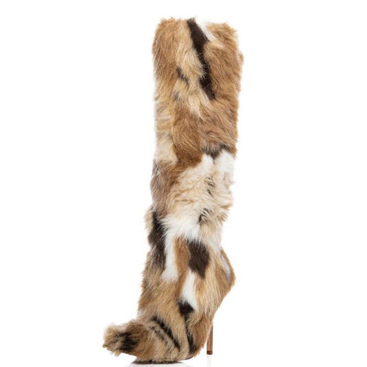 Faux Fur Colorblock Brown/White/Black Faux Fur Pattern Stiletto Heel Women's Knee-High Boots