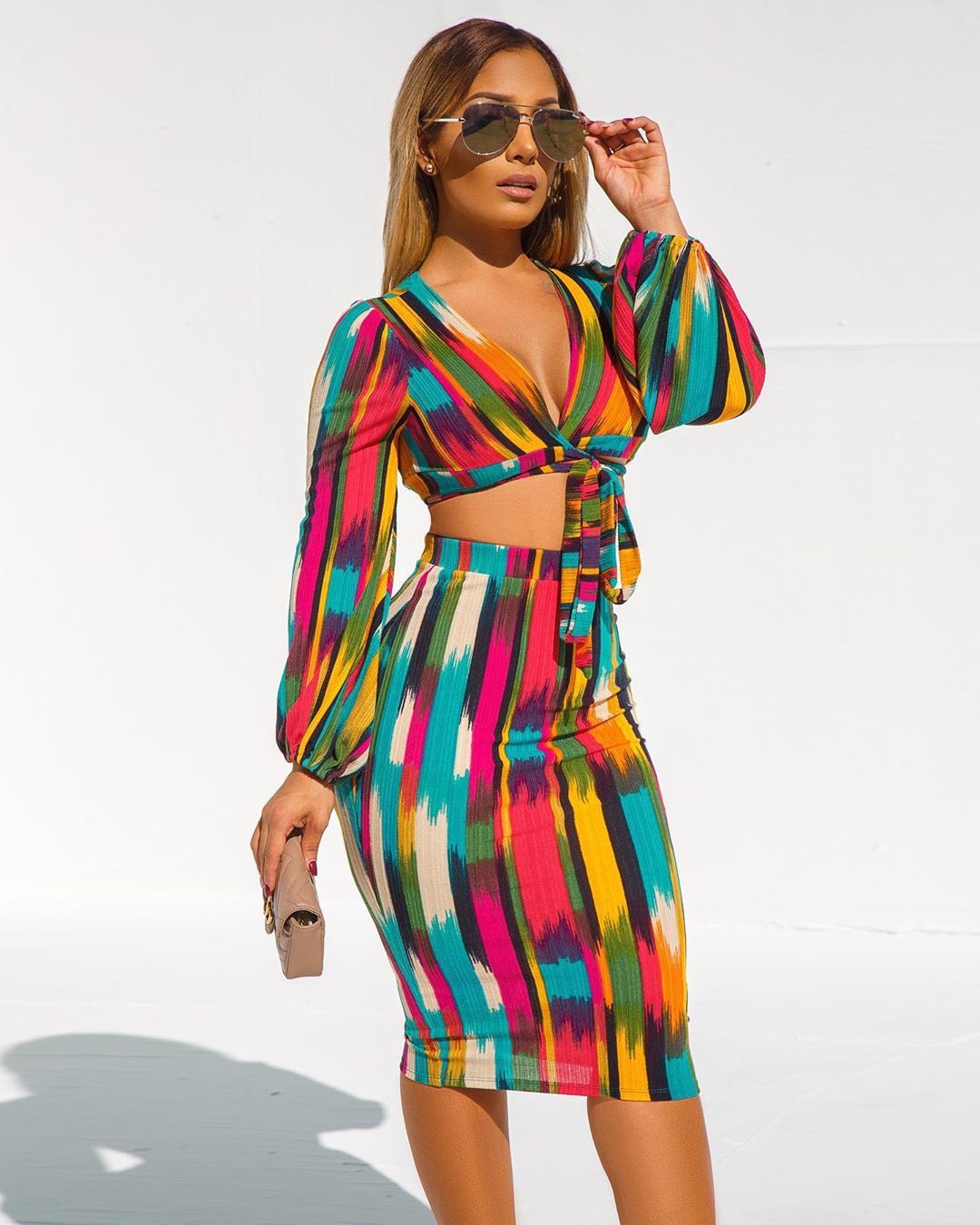 Tie-Dye Geometric Multicolored Striped Lace-Up Long Sleeve Crop Top + Midi Skirt Two-Piece Set