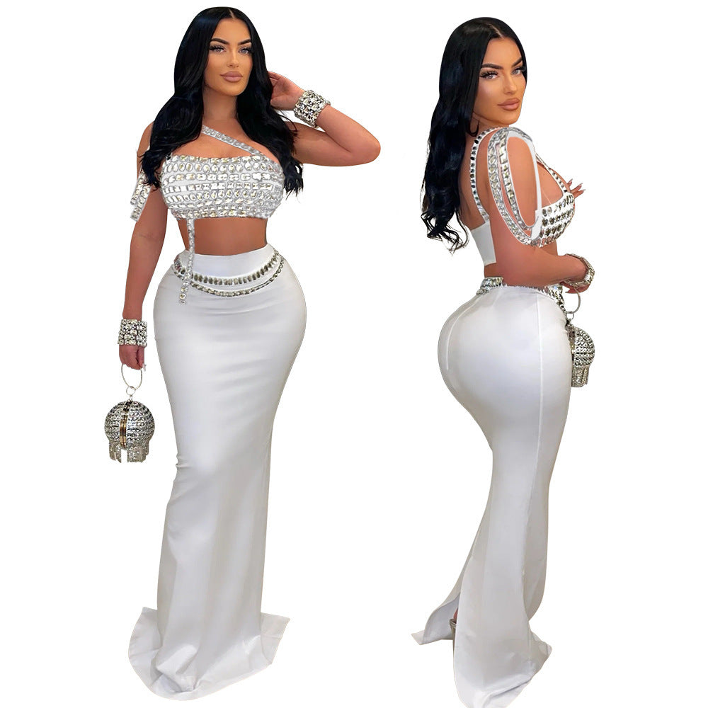 Draped Big Rhinestone Embellished Asymmetrical One Shoulder Crop Top+ Maxi Skirt Women's Formal 2-Piece Set