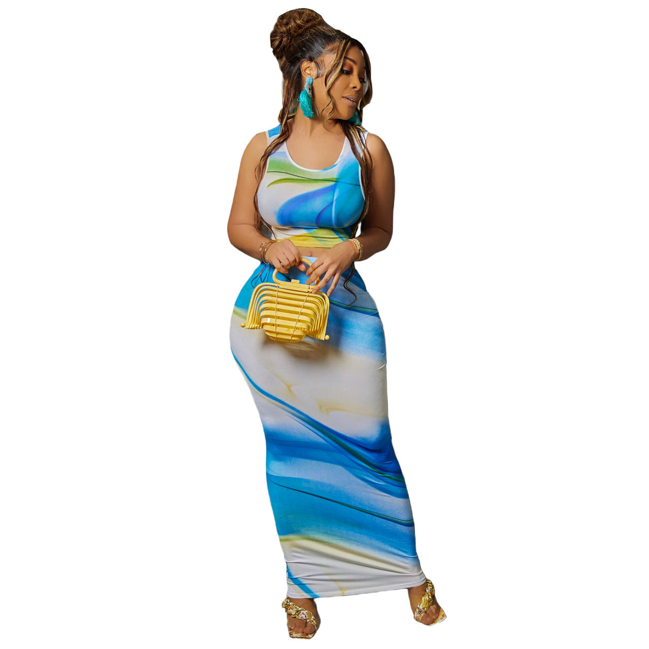 Sleeveless Blue/White Ocean Print Crop Tank Top + Maxi Skirt Women's 2-Piece Set