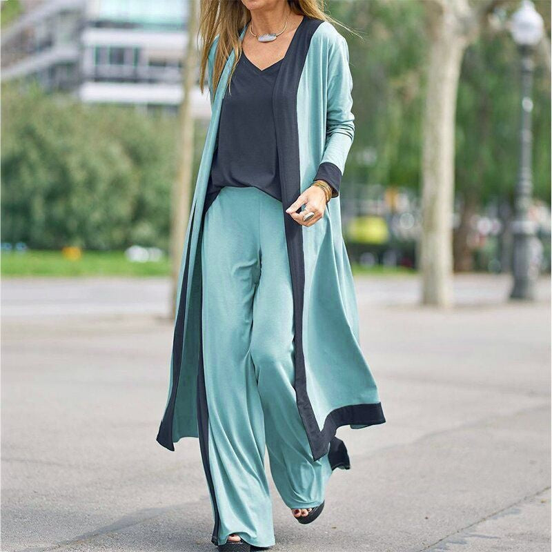 Three-piece Straight Pants Colorblock Cardigan Set