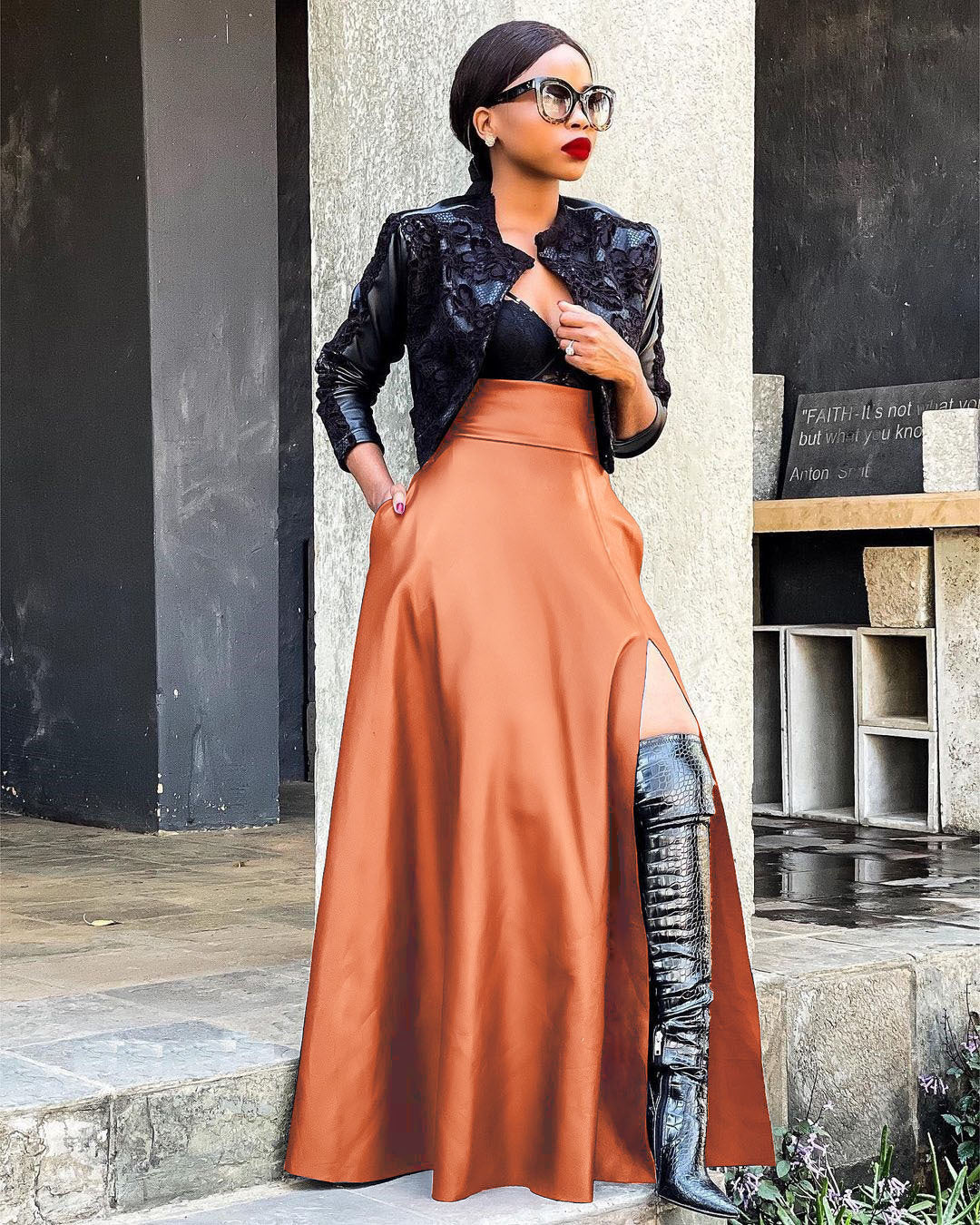 PU Leather Solid Color Women's High Slit Irregular Maxi Skirt