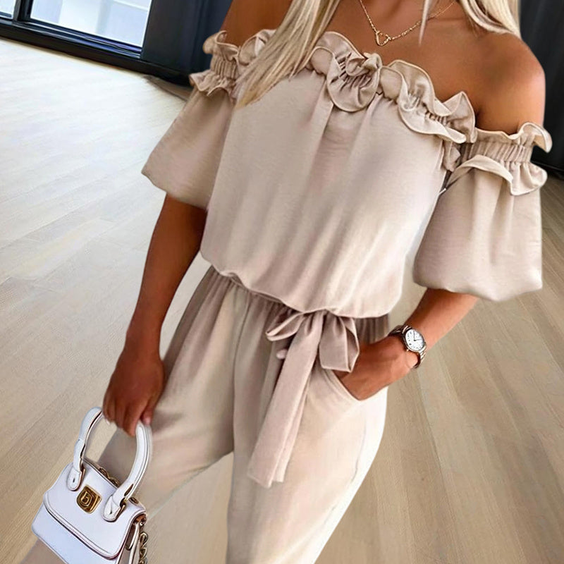 Floral Ruffled Solid Color Women's Off-the-Shoulder Sash Belt Jumpsuit