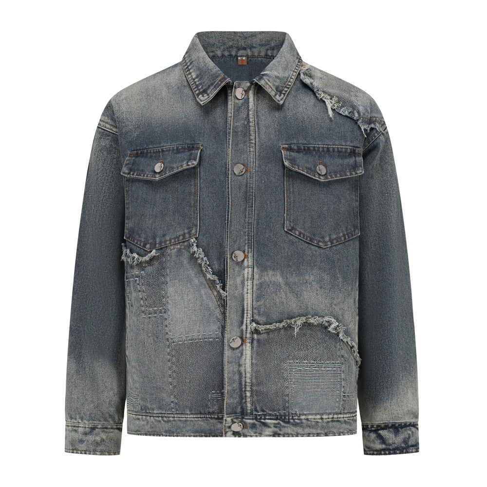 Men's Washed Denim Ripped Gradient Colorblock  Button Front Jean Jacket