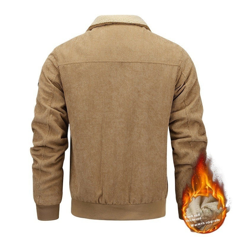 Men's Corduroy Fleece Lined Cargo Pocketed Solid Color Bomber Jacket
