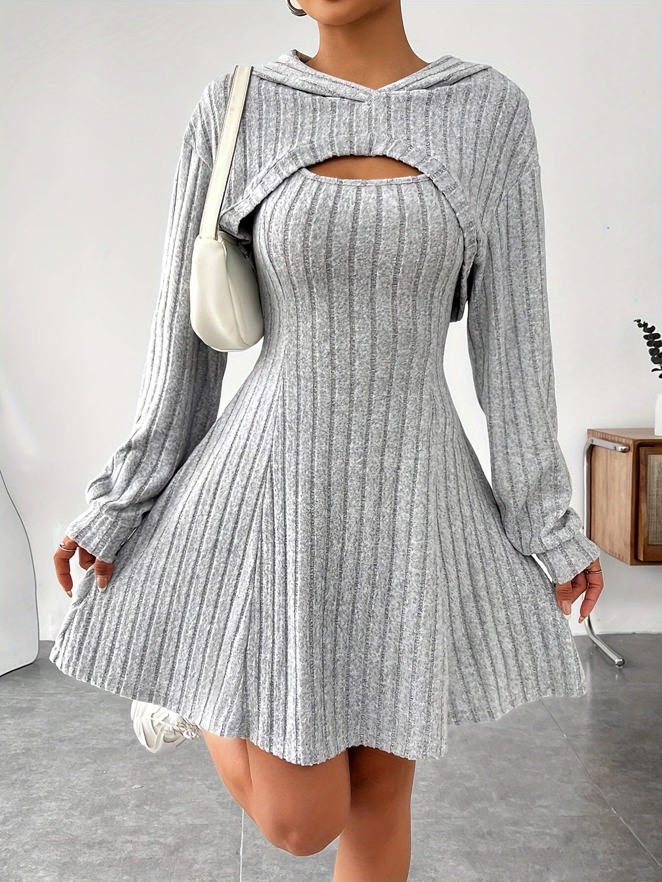 Cut-Out Ribbed Long Sleeve Solid Color Women's Hoodie Shrug Crop Top & Sleeveless Flared Square Neck A-Line Tank Dress 2-Piece Set
