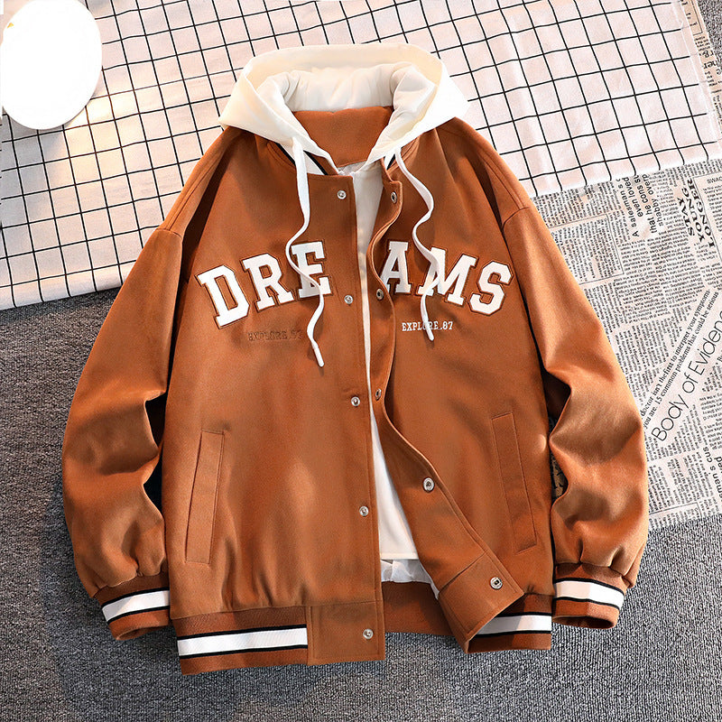 Men's Drawstring "DREAMS" Colorblock Print Button-Up Hip-Hop Hoodie Jacket