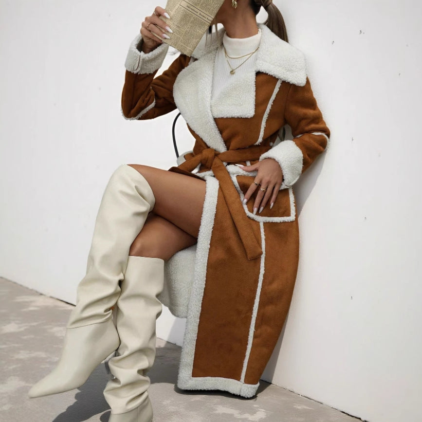 Lamb Wool Fleece Lined Paneled Patchwork Women's Trenchcoat w/ Belt