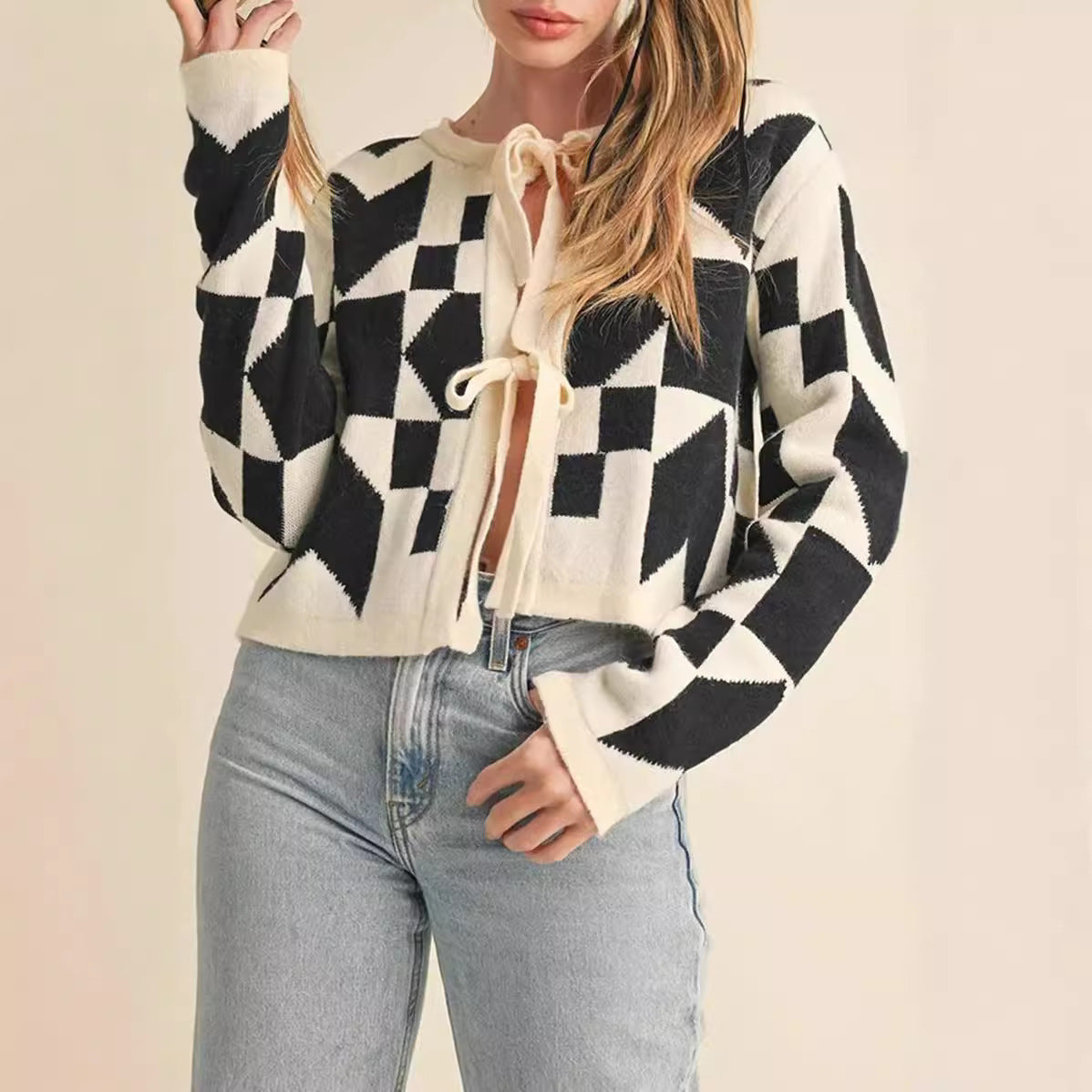 Geometric Pattern Lace-Up Cardigan Long Sleeve Women's Sweater